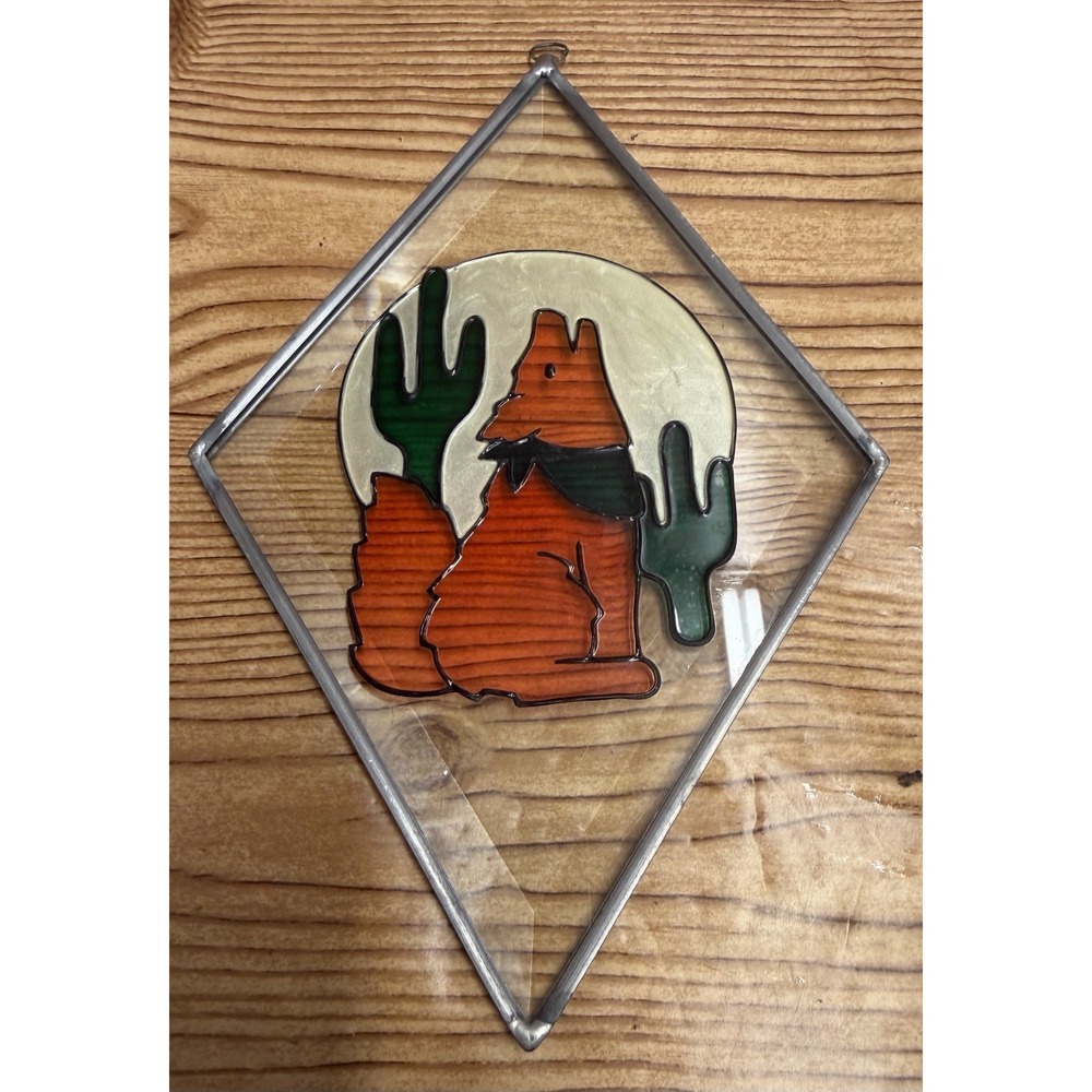 VTG‎ Stained Glass Window Sun Catcher Coyote Howling Cactus Diamond Southwest
